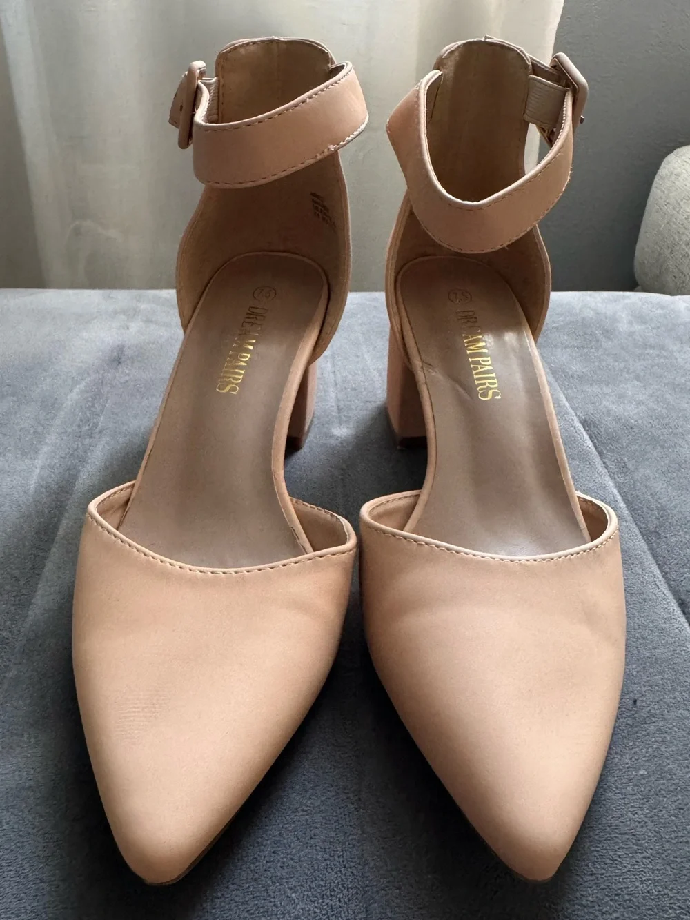Dream Pairs Nude Ankle-Strap Pointed-Toe Block Heels